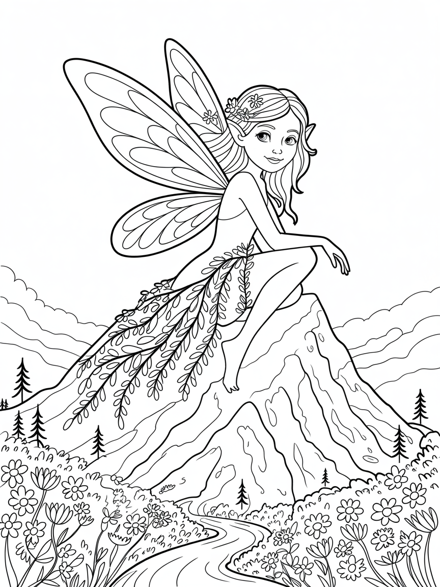 a fairy on a mountain - Free Coloring Page