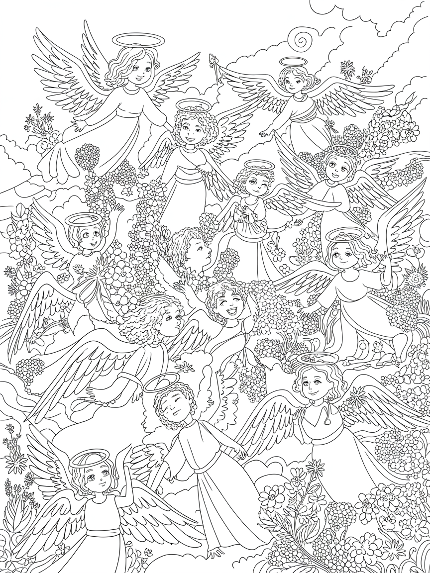 I am an Angel playing with other angels - Free Coloring Page