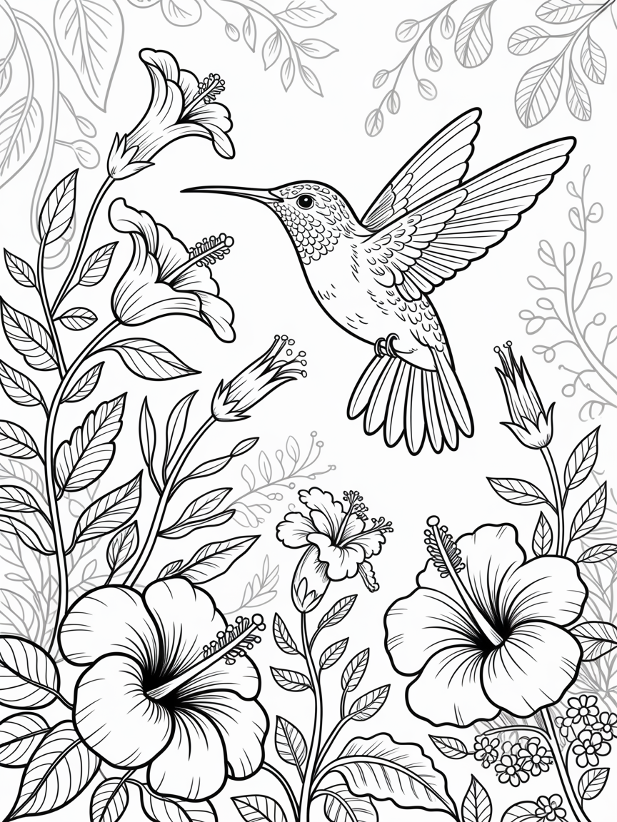 A hummingbird among flowers - Free Coloring Page