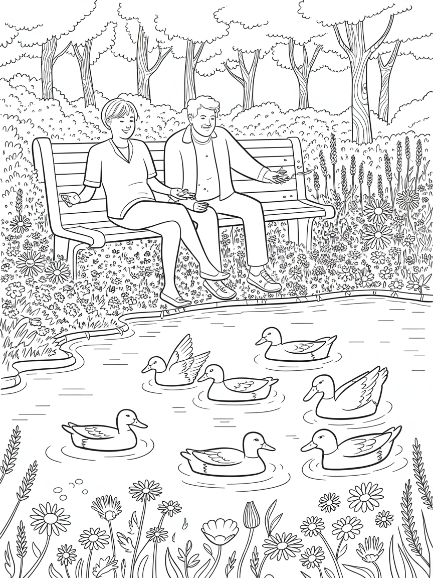 Two adults enjoying nature and feeding ducks with a lot of flowers around them - Free Coloring Page
