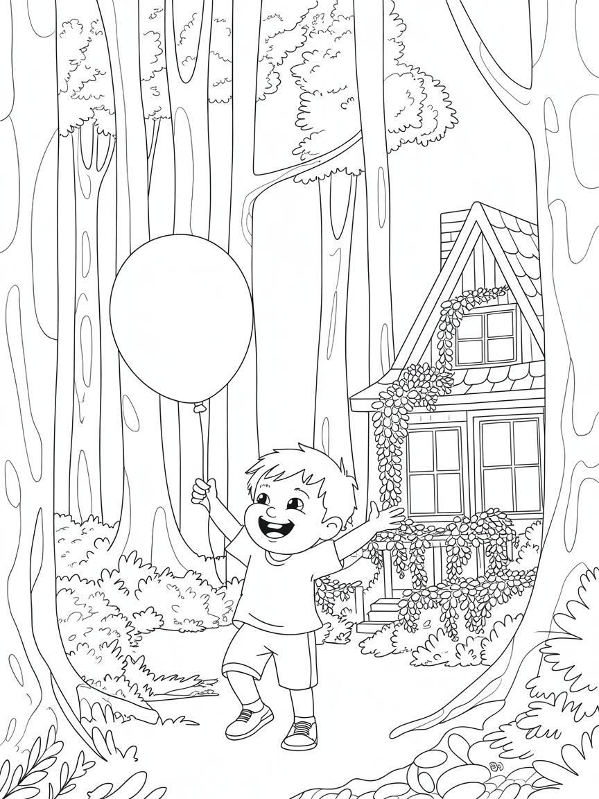 A child playing with a balloon in a forest at night. The moon is up. Not far away from the child, there's a comfy cottage. - Free Coloring Page