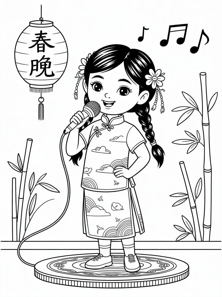 A Chinese style girl with Chinese dressing is holding a mic singing - Free Coloring Page