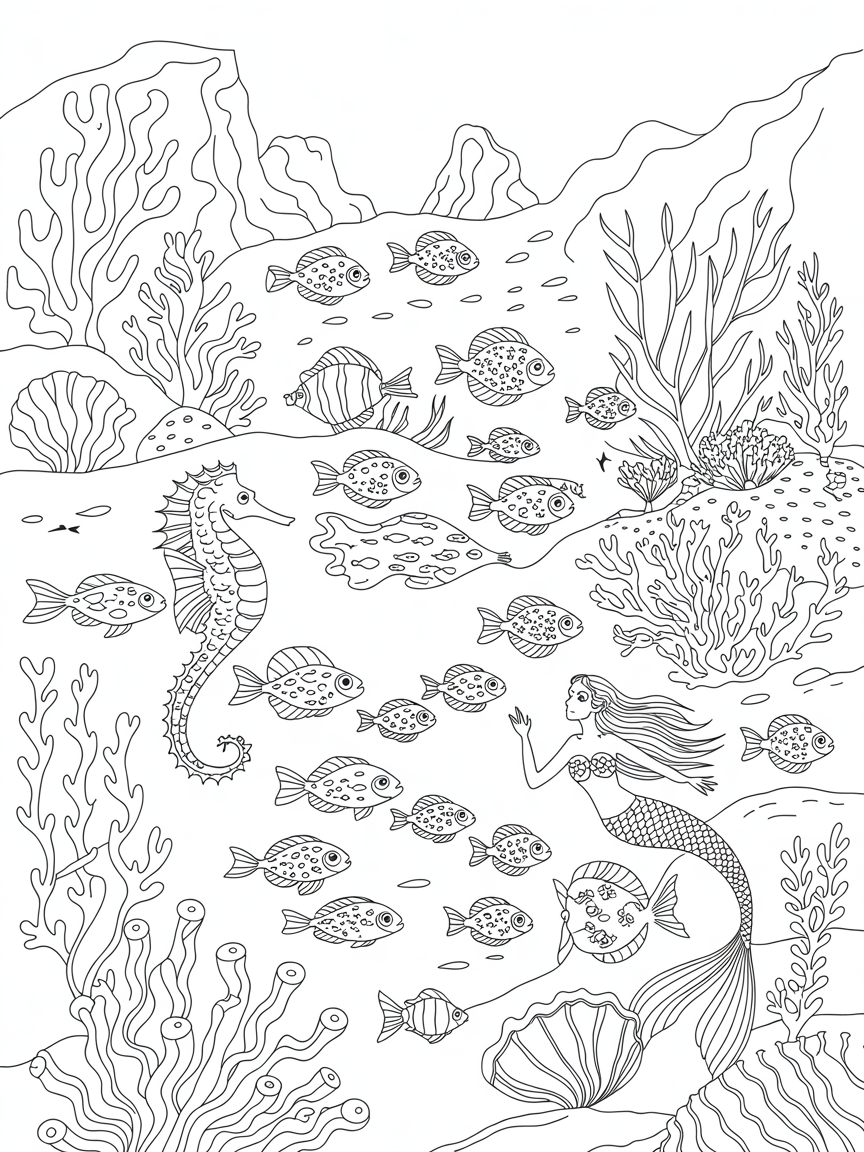 a fantasy underwater scene - Free Coloring Page