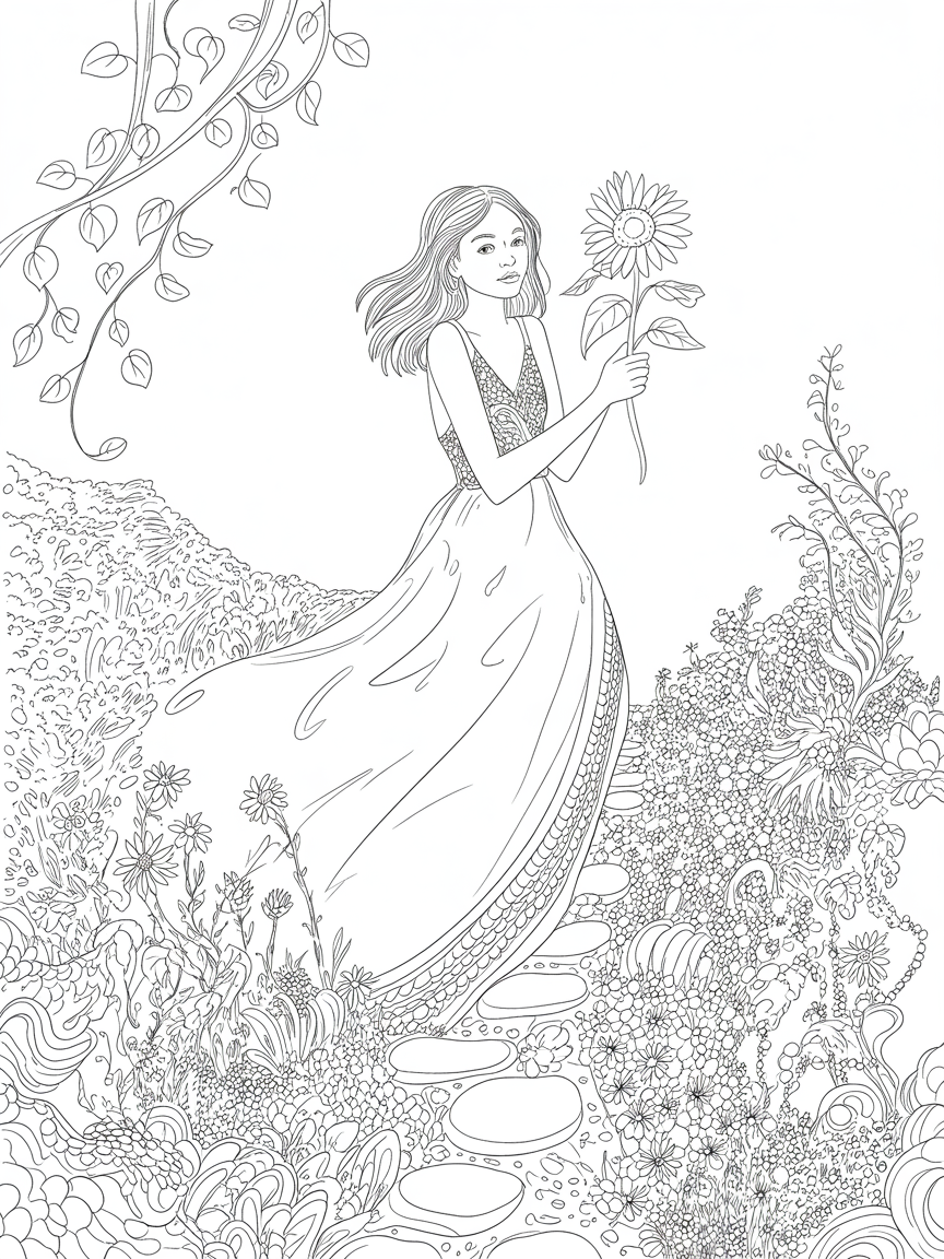 Girl holding a flower - Free Coloring Page