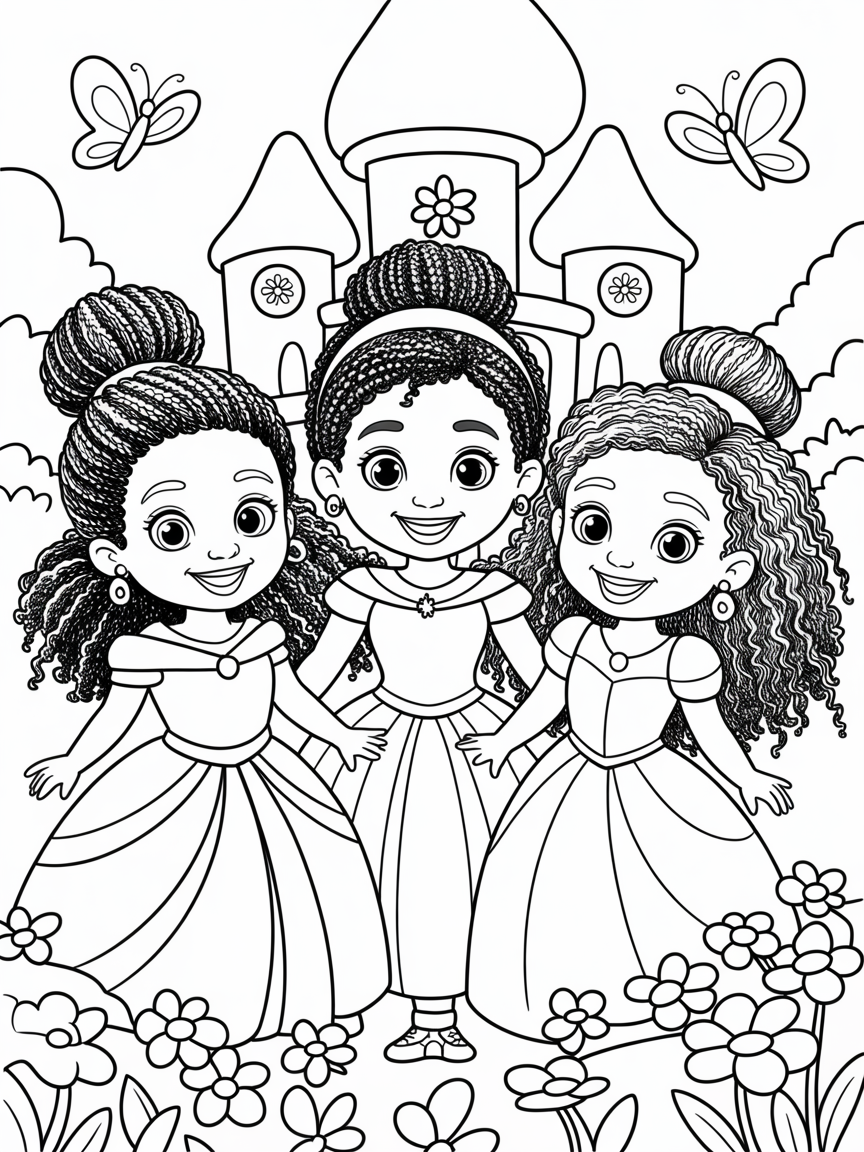 Mixed race Princesses with 4c hair - Free Coloring Page