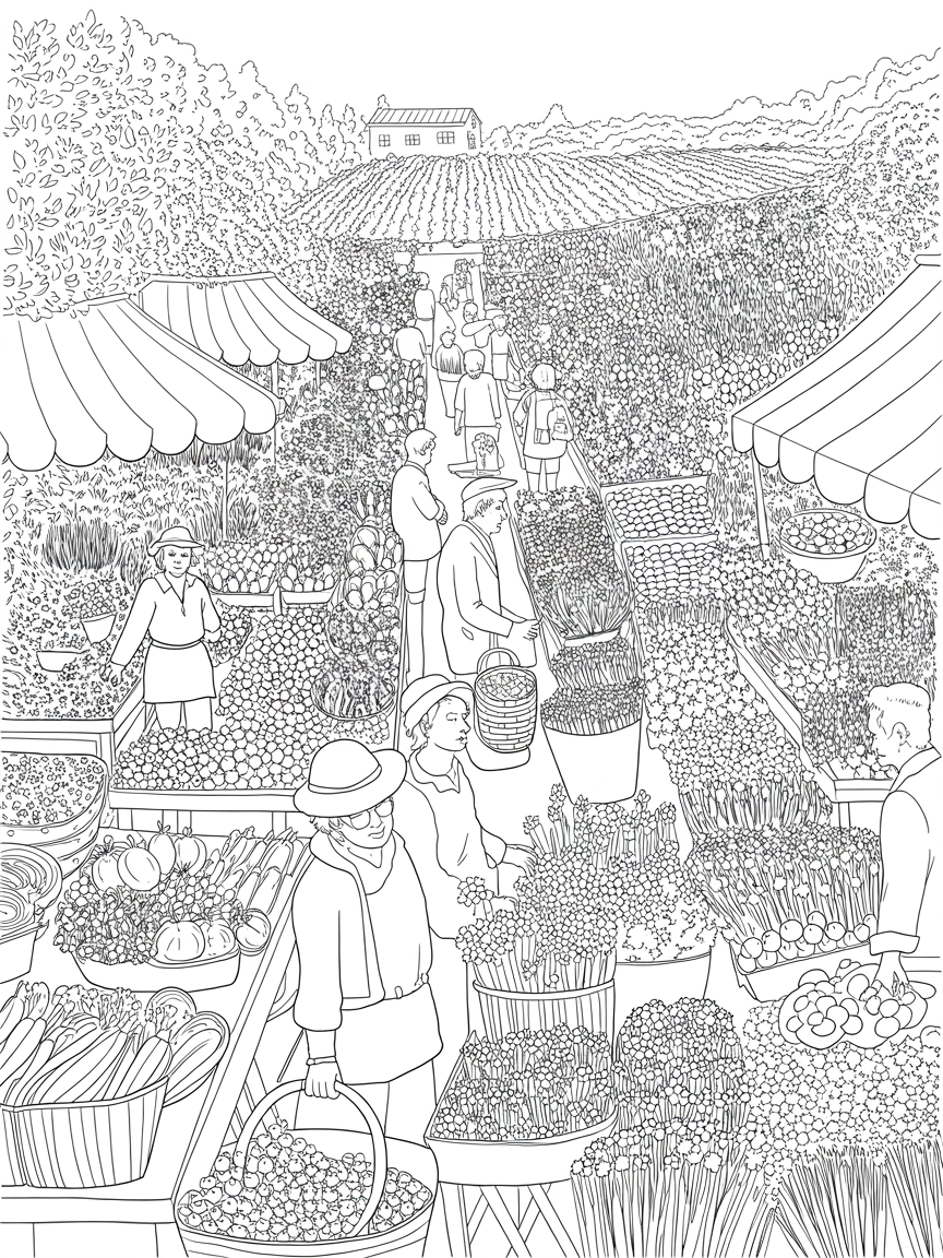 Flower and vege market garden - Free Coloring Page