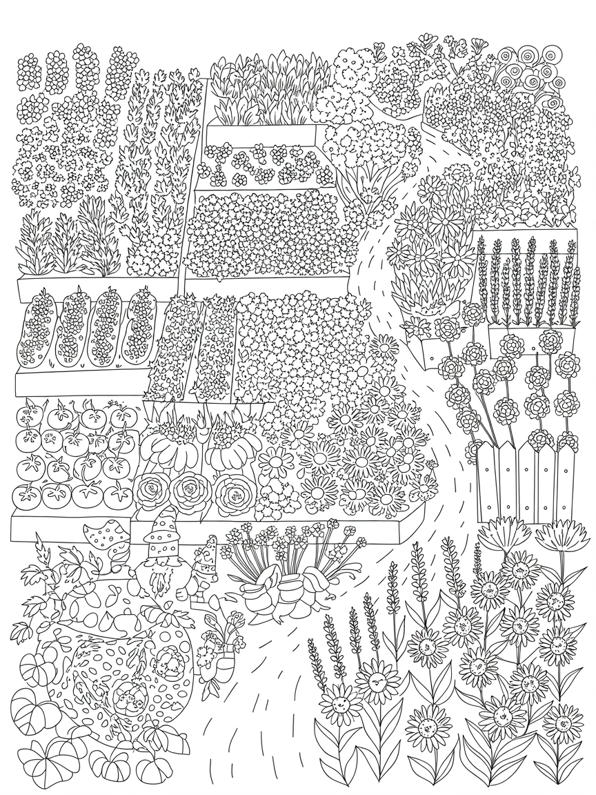 Flower and vege garden - Free Coloring Page