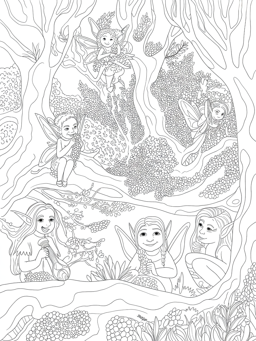 Elves and fairies in a magical wood - Free Coloring Page