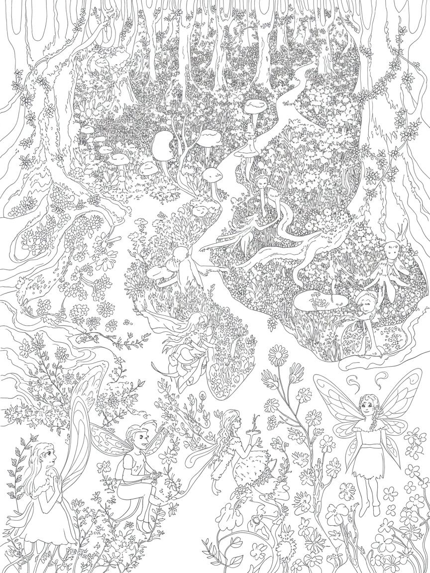Elves and fairies in a magical wood in the style of Johanna Basford - Free Coloring Page
