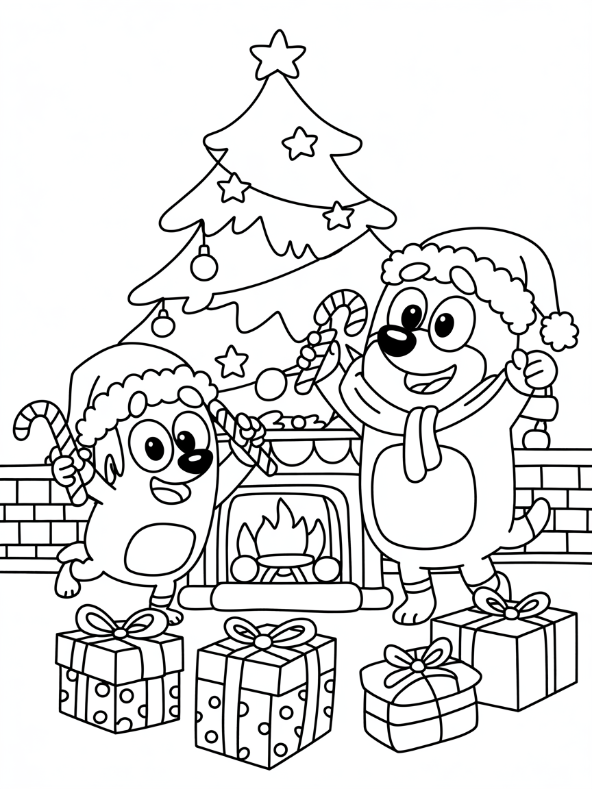 Bluey and bingo celebrating Christmas with a Christmas tree - Free Coloring Page