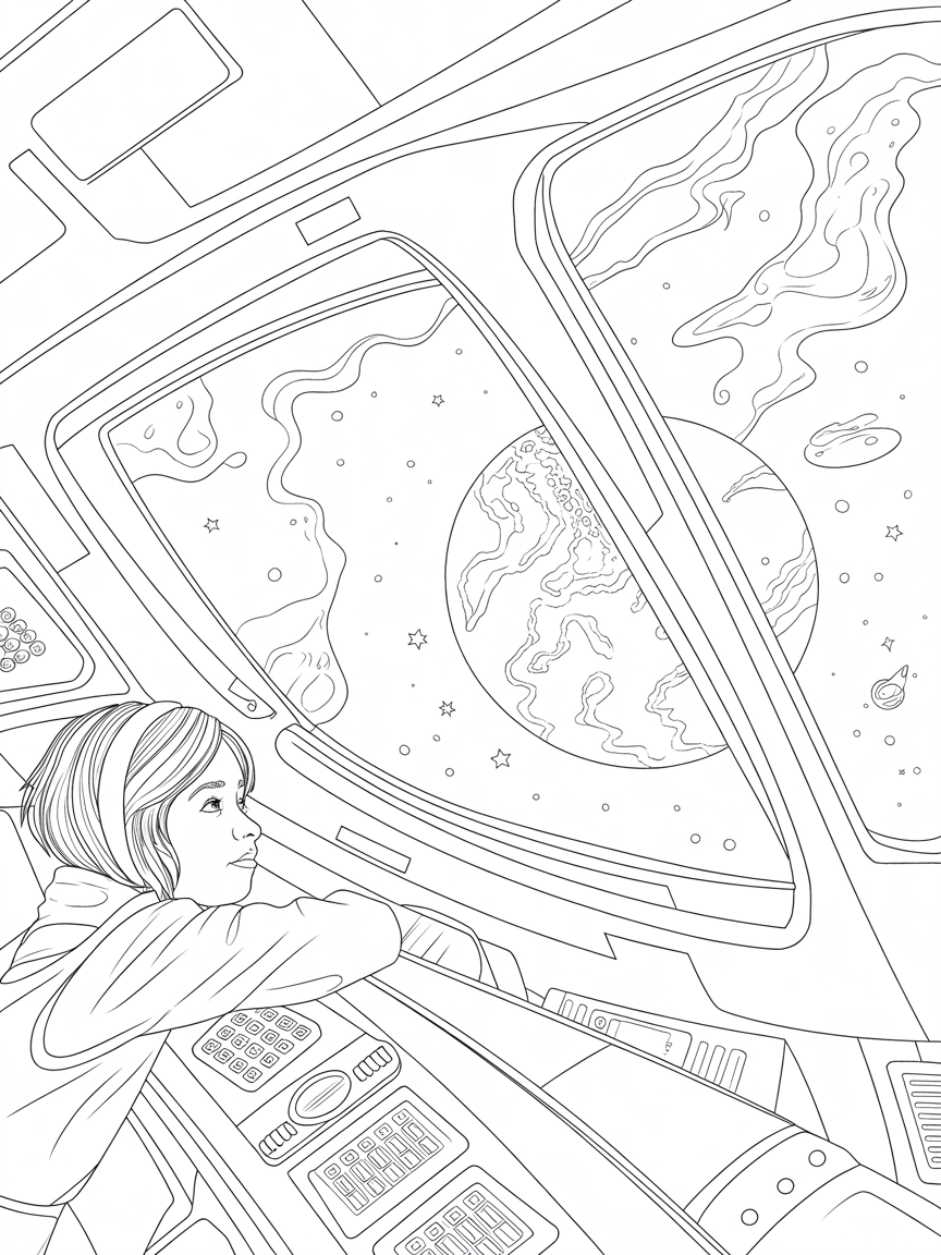 Realistic young girl in a rocket ship looking at earth and space around it pov from the inside - Free Coloring Page