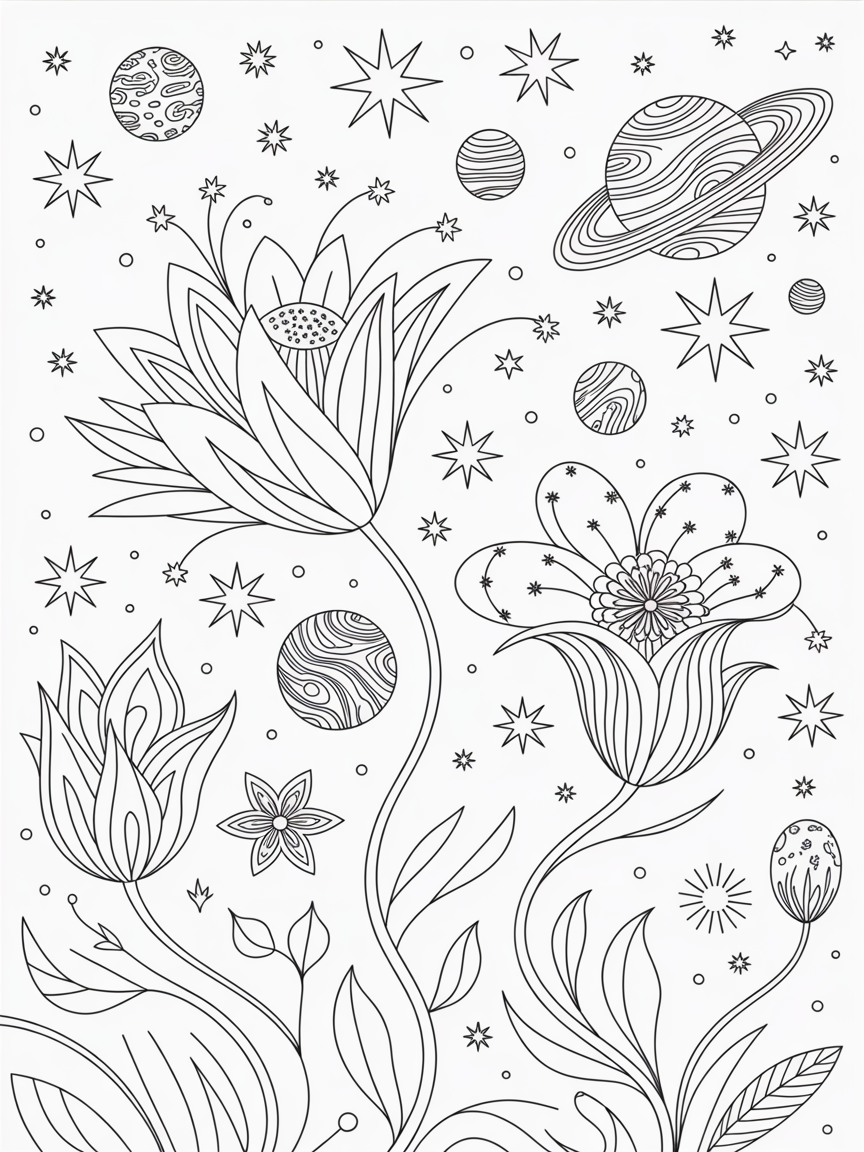 Abstract flowers with stars and planets - Free Coloring Page
