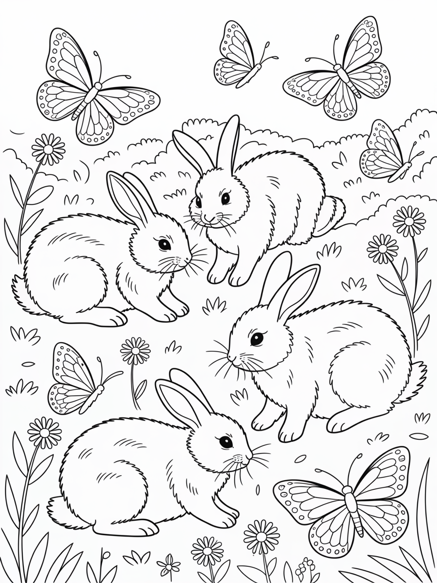 butterflies looking over some rabbits. - Free Coloring Page