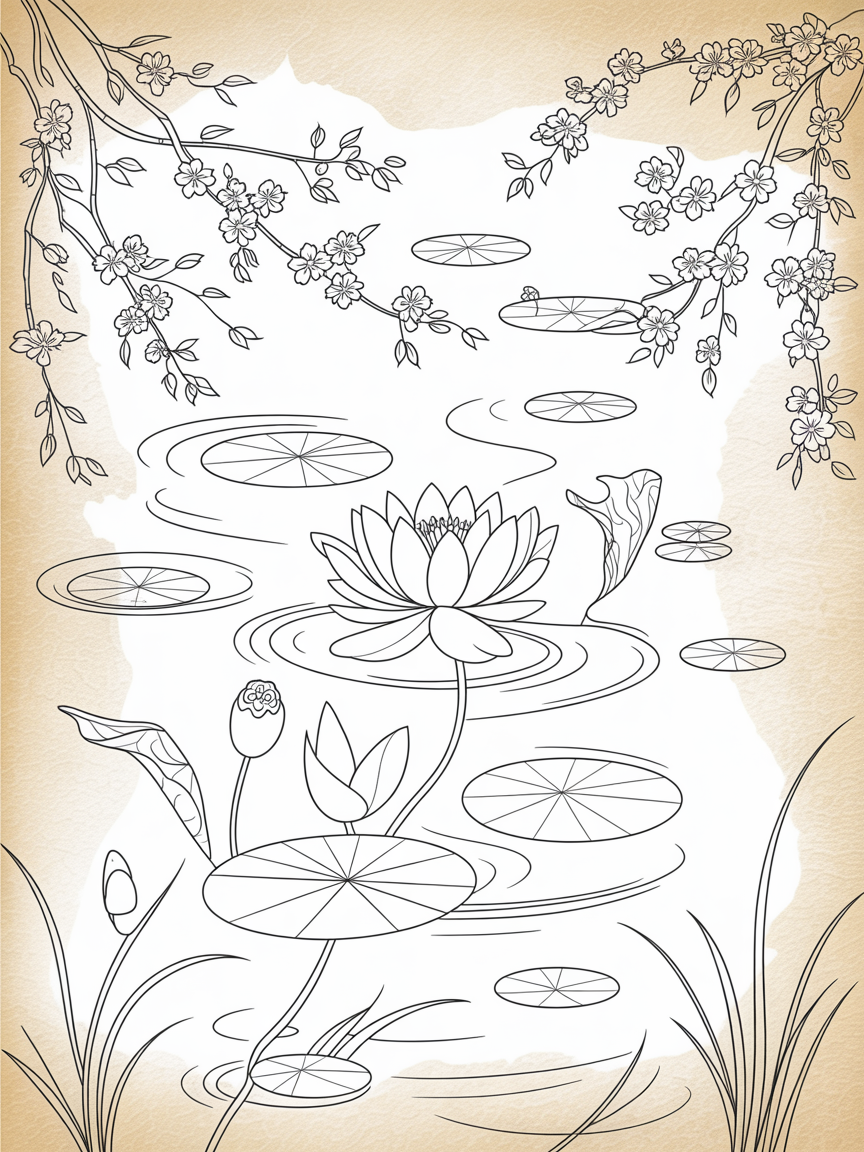 Background texture like parchment paper watercolour Asian symbols zen lily pond - Free Coloring Page