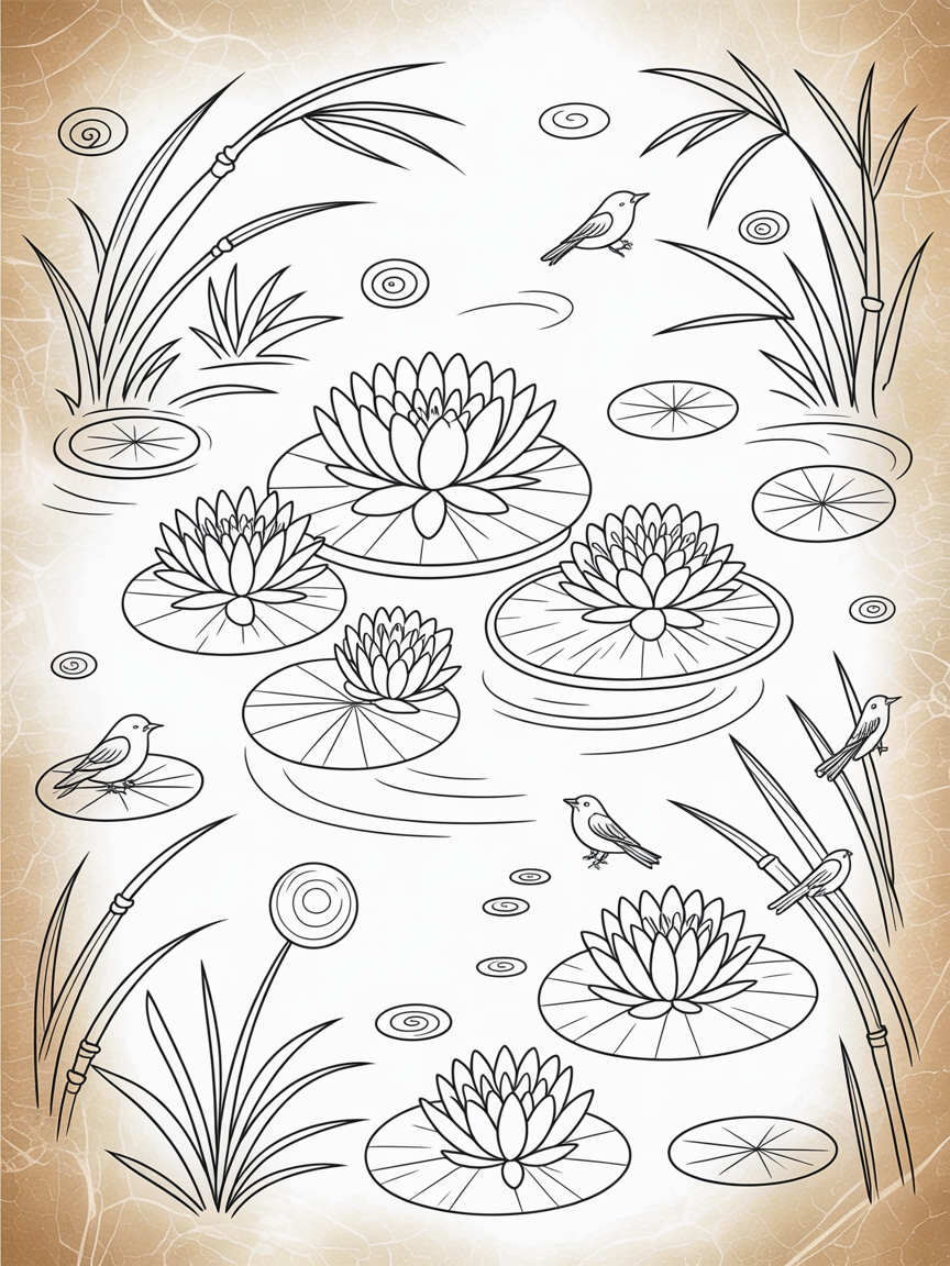Background texture like parchment paper watercolour Asian symbols zen lily pond birds-eye-view - Free Coloring Page