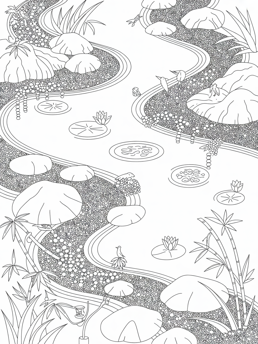Background texture like parchment paper watercolour Asian Chinese calligraphy symbols zen lily or lotus pond birds-eye-view - Free Coloring Page