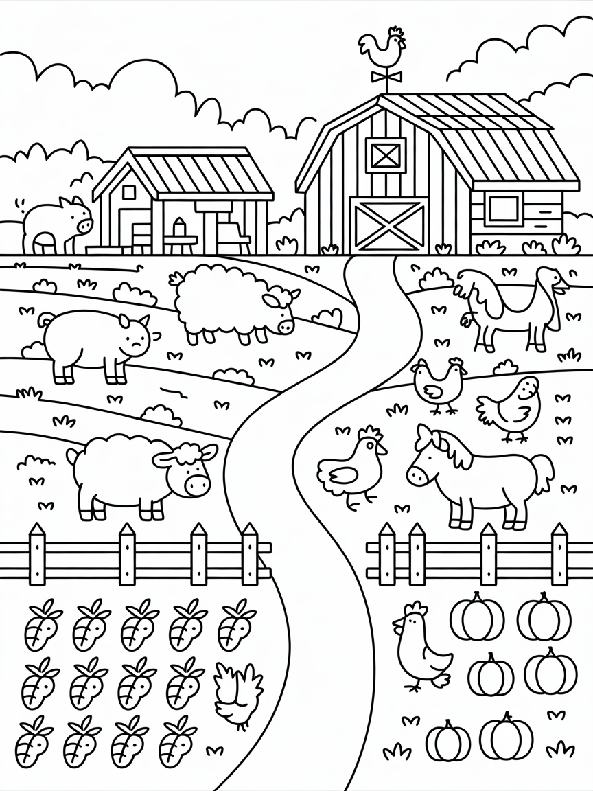 farm with cute animals - Free Coloring Page