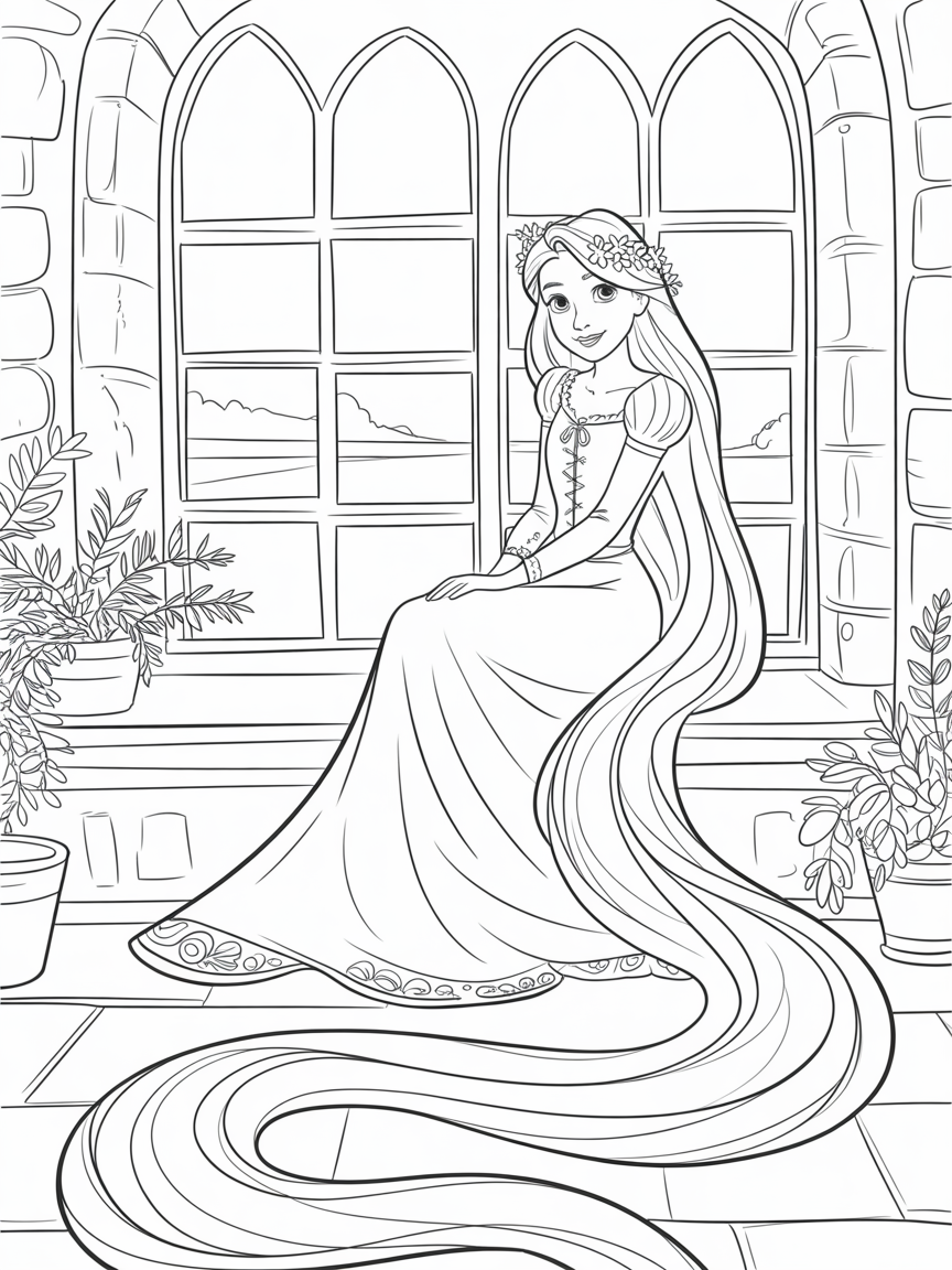 rapunzel sitzt am fenster, die haare hangen bis zum boden des hauses - Free Coloring Page