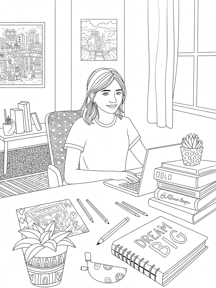 modernes girl sitzt an ihrem tisch im zimmer - Free Coloring Page