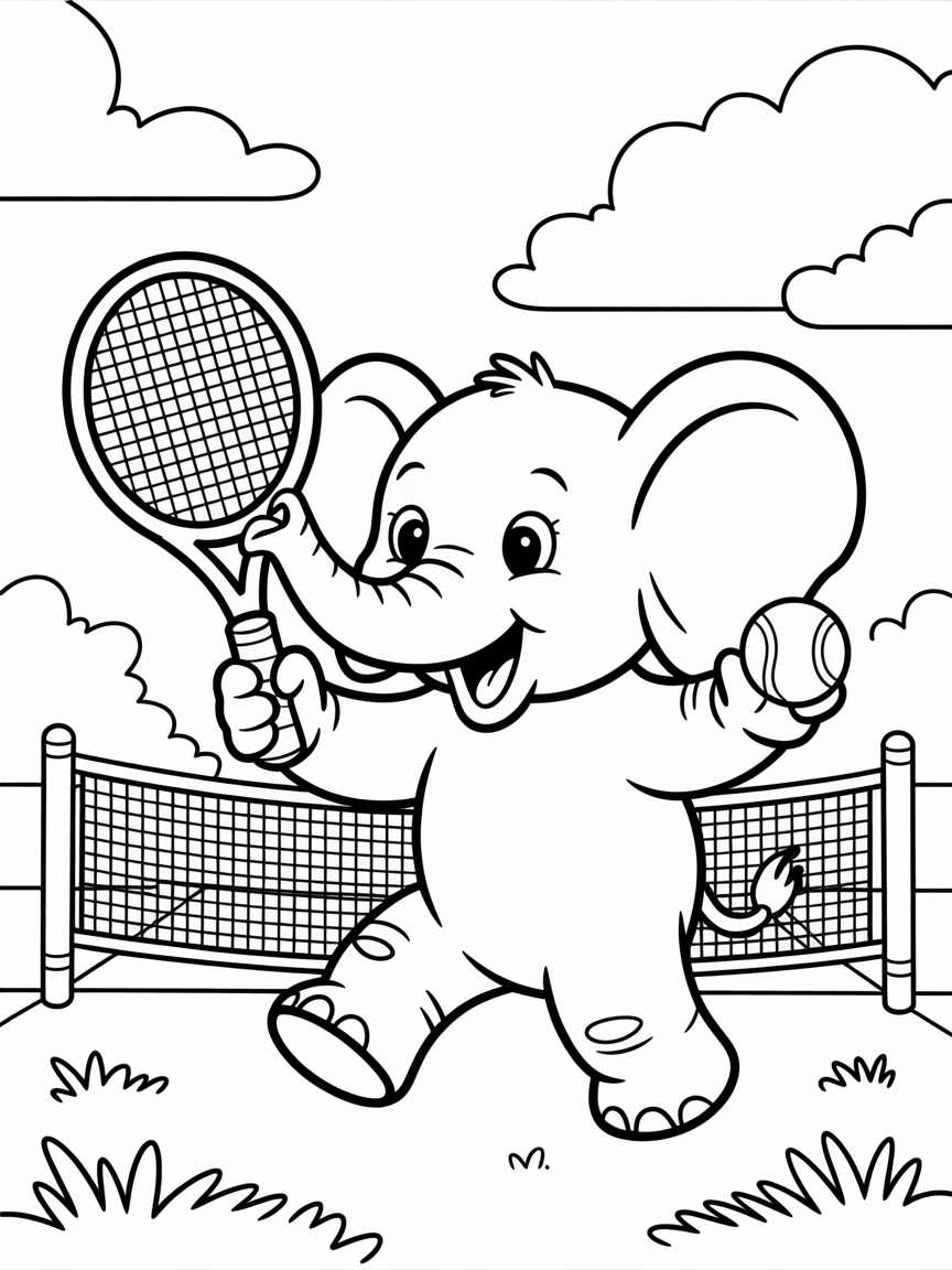 Baby elephant playing tennis - Free Coloring Page