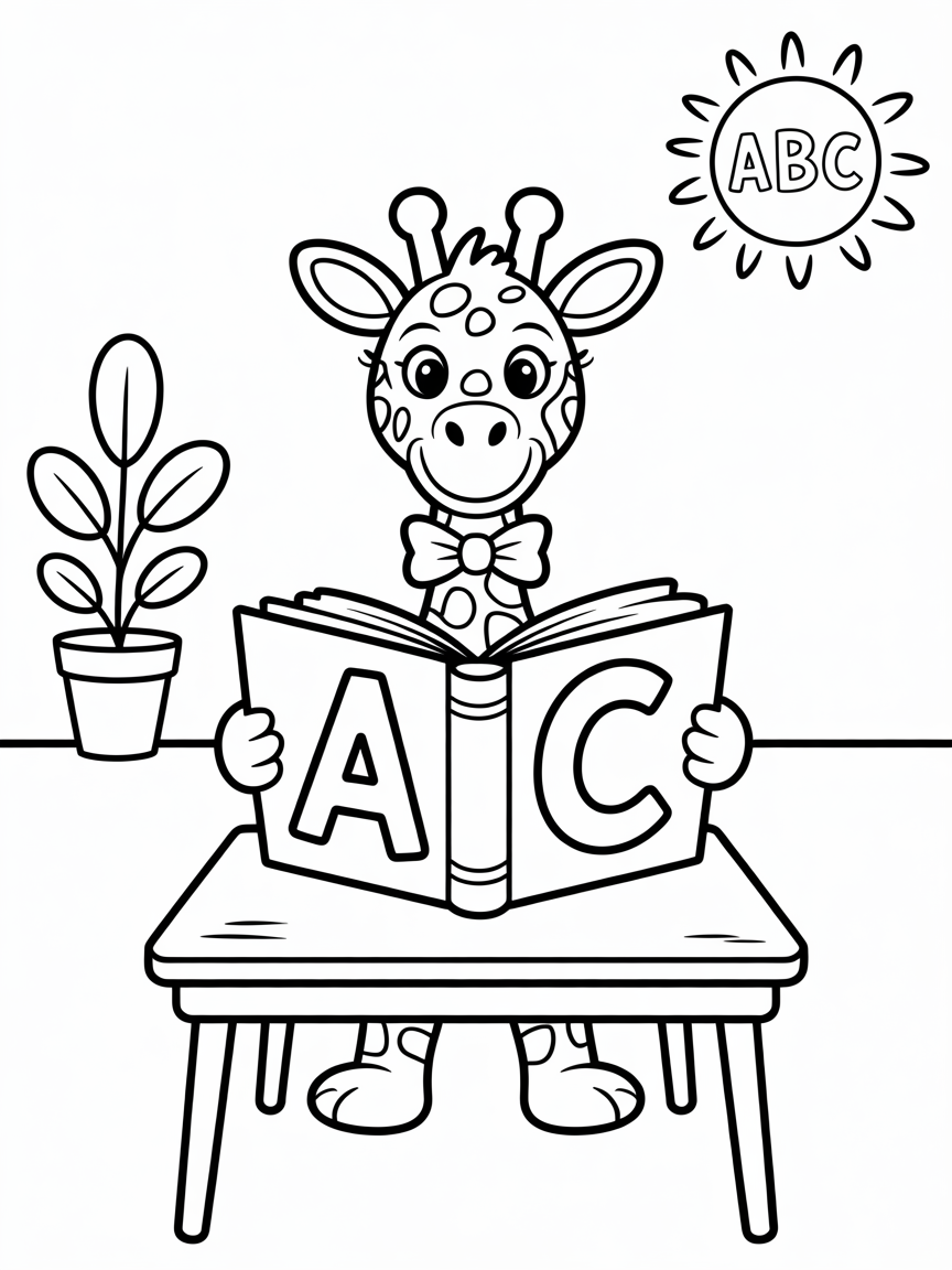 Giraffe studying alphabet - Free Coloring Page