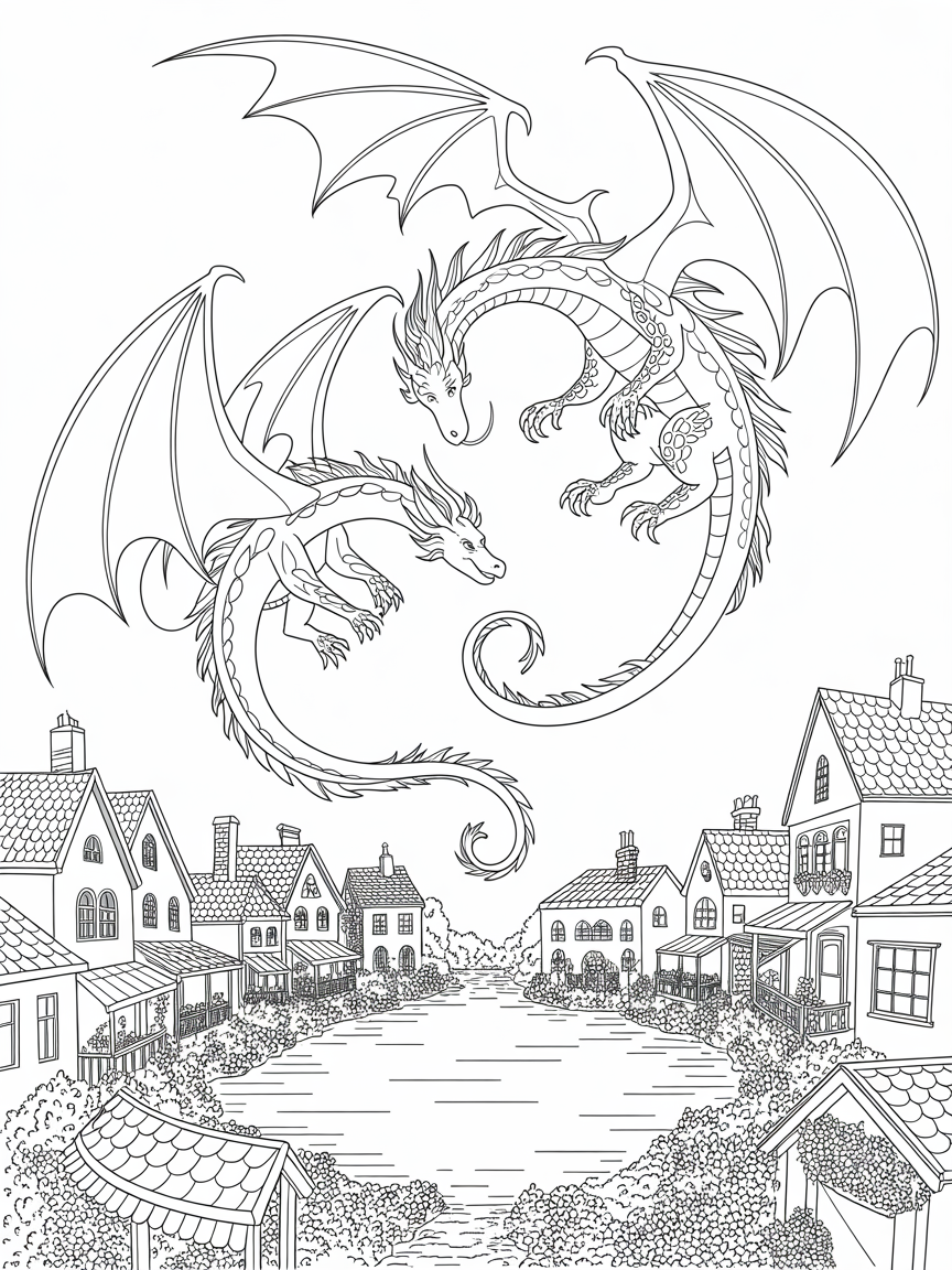 Two dragons circling a lake surrounded by two story high buildings - Free Coloring Page