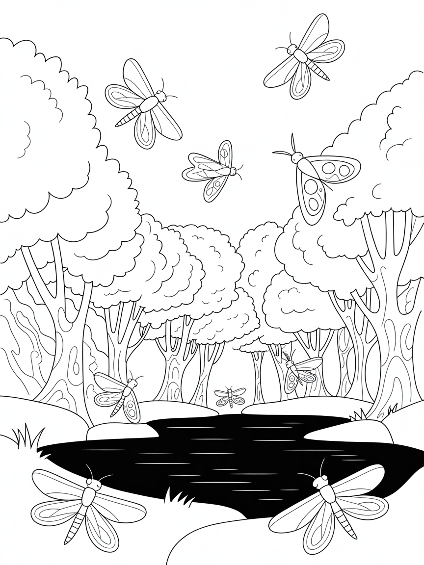 Forest full of moths and dark lake with dragonflys - Free Coloring Page