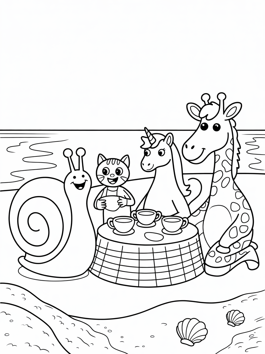 A snail having a teaparty on a beach with its friends the cat, the unicorn and the giraffe - Free Coloring Page