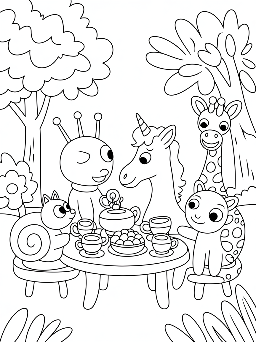 A snail having a teaparty in the forest with its friends the cat, the unicorn and the giraffe - Free Coloring Page
