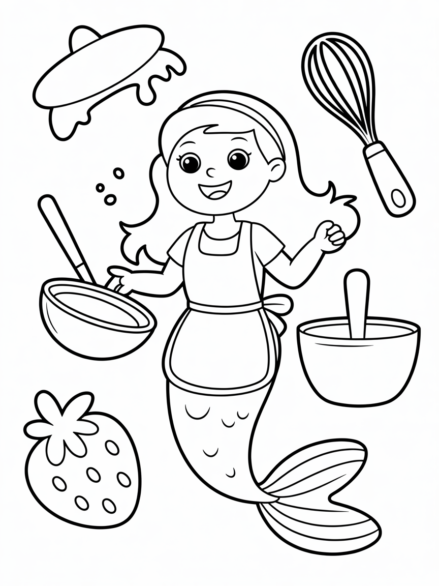 A mermaid in the kitchen - Free Coloring Page