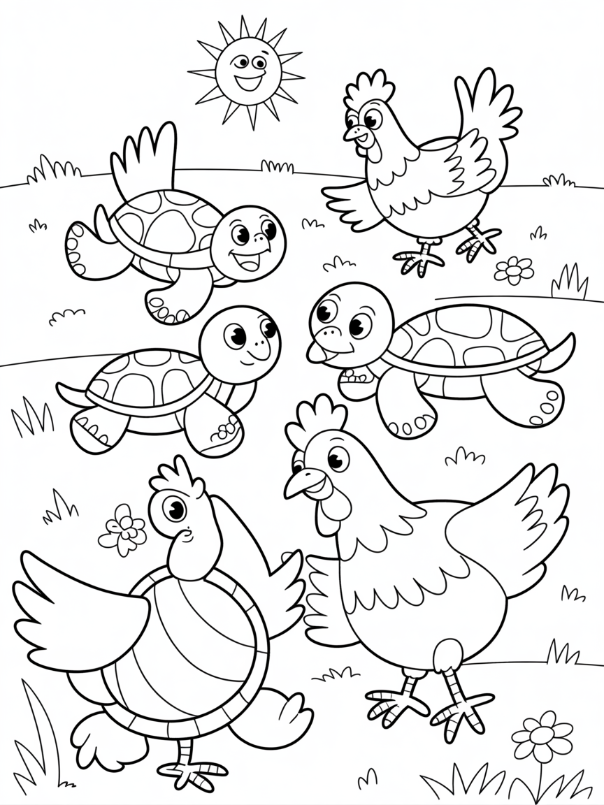 Turtles and chickens - Free Coloring Page