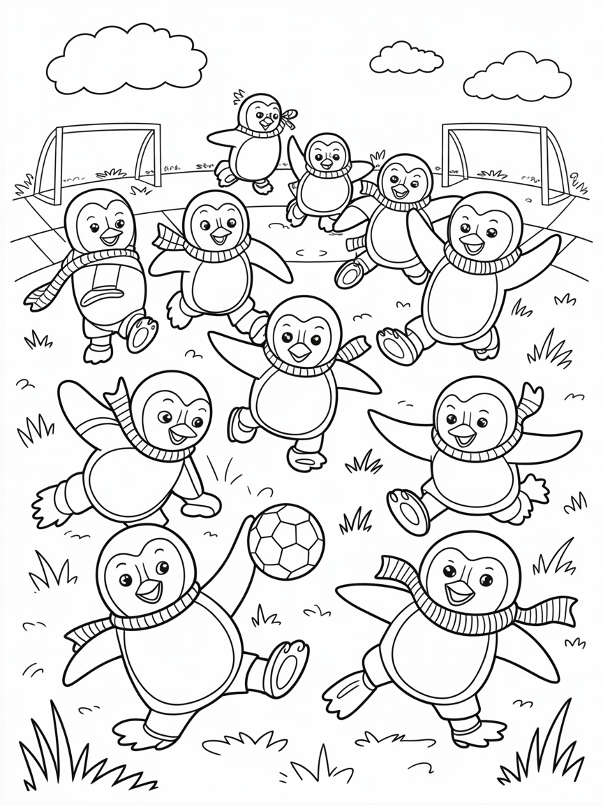 Pirate penguins playing soccer - Free Coloring Page