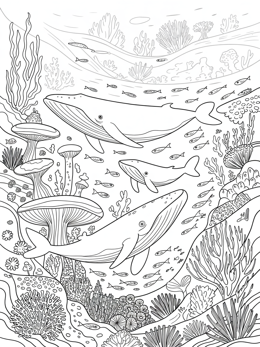 Whales swimming in deep sea surrounded by giant mushrooms and corals and fishes and undersea creatures - Free Coloring Page