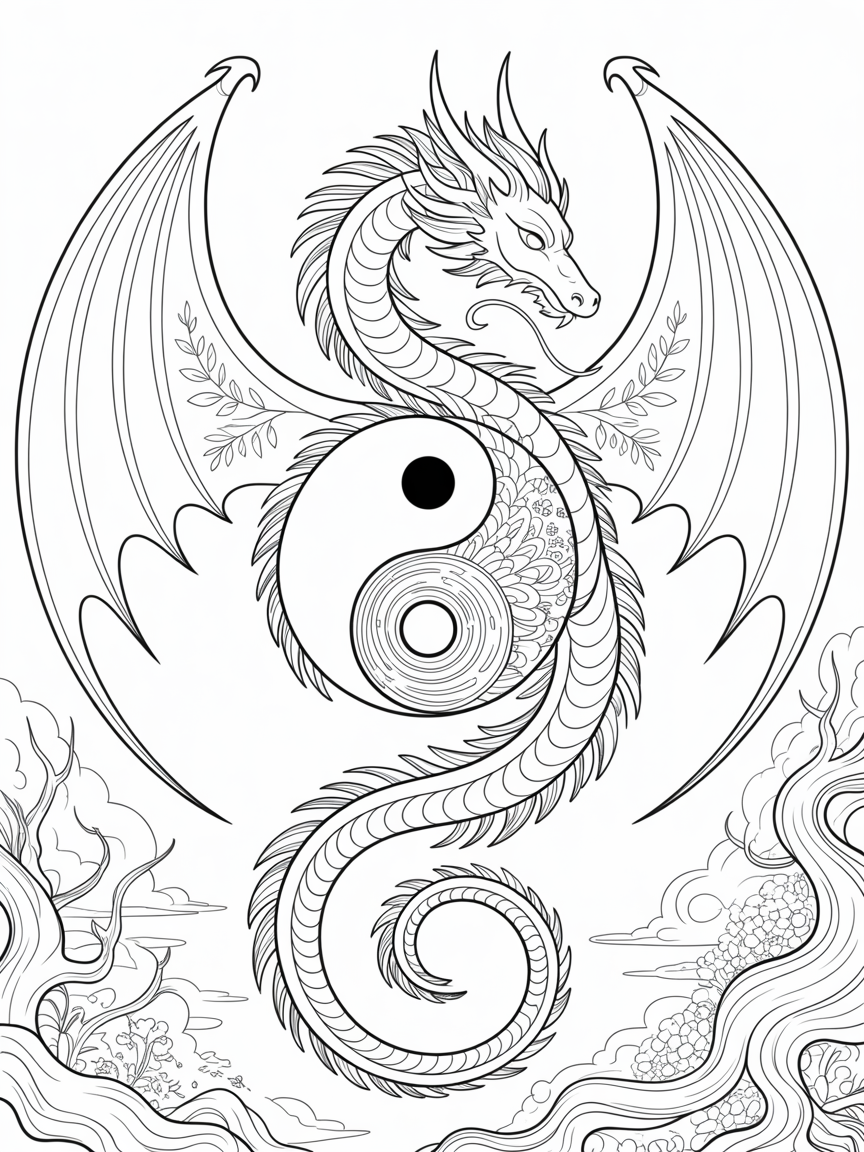 Spirit dragon ying yang - Free Coloring Page