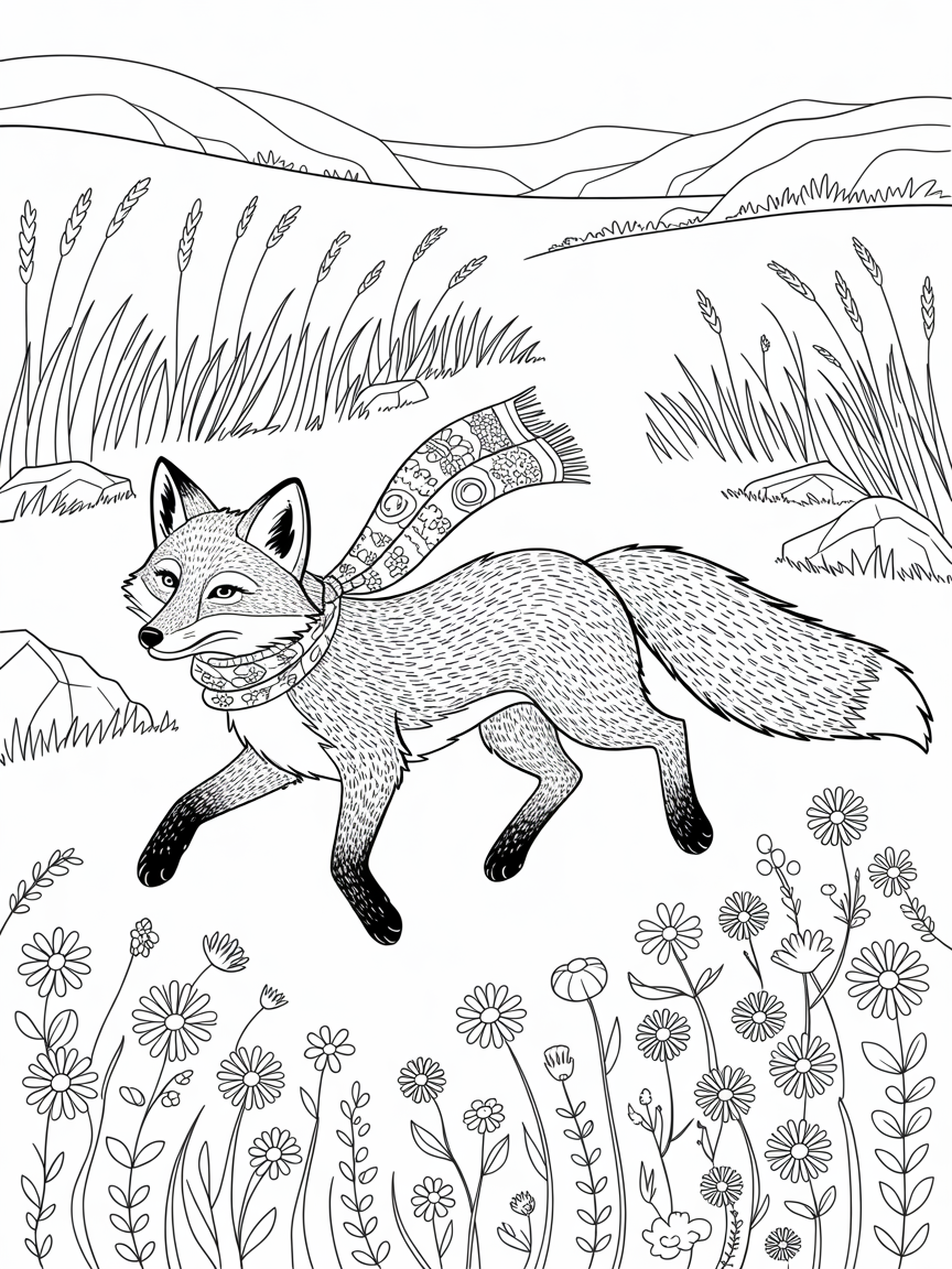 A fox running across a field - Free Coloring Page