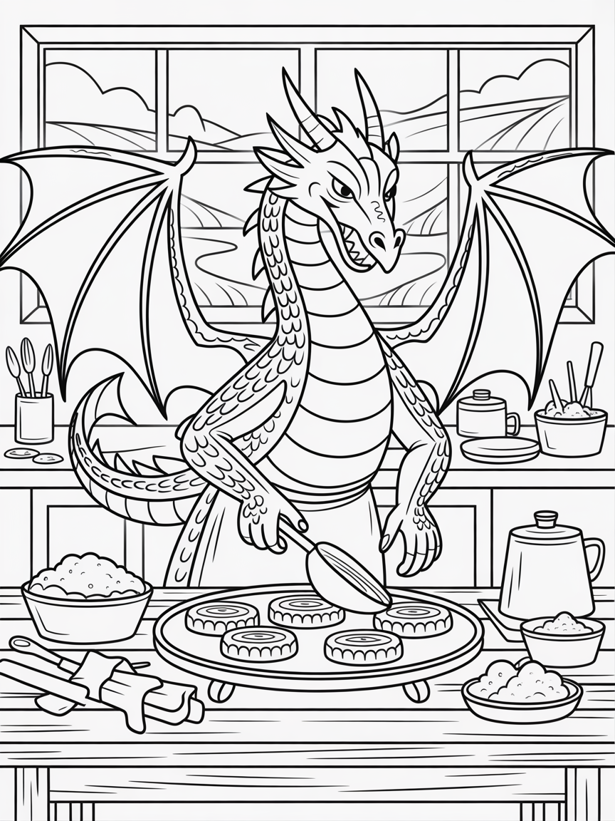 A Welsh dragon baking Welsh cakes - Free Coloring Page