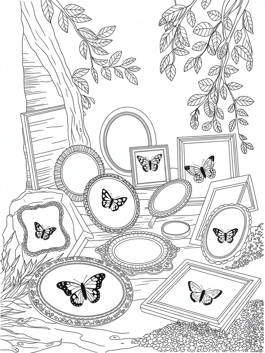 Mirrors and butterflies - Free Coloring Page