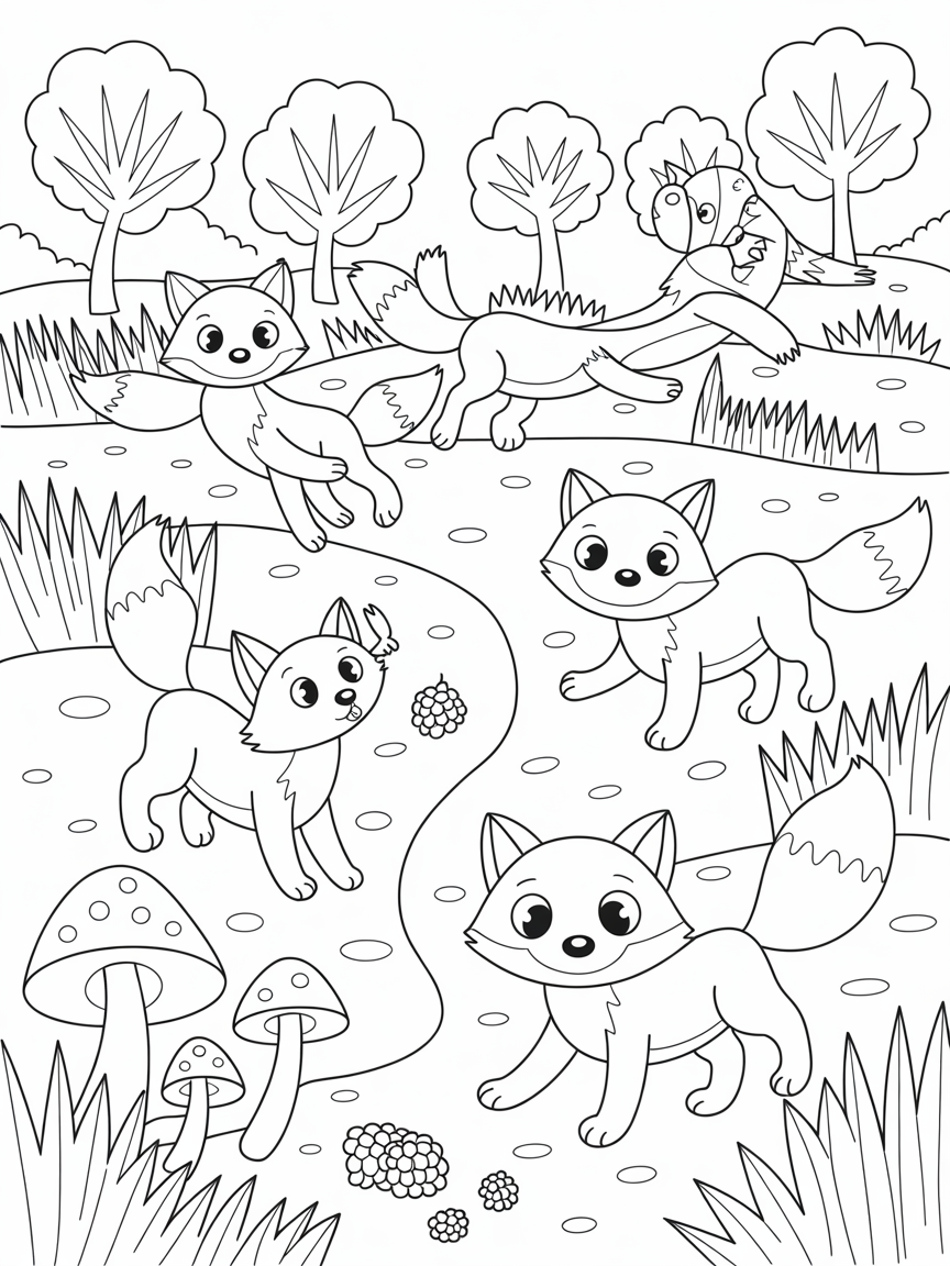Foxes in the woods - Free Coloring Page