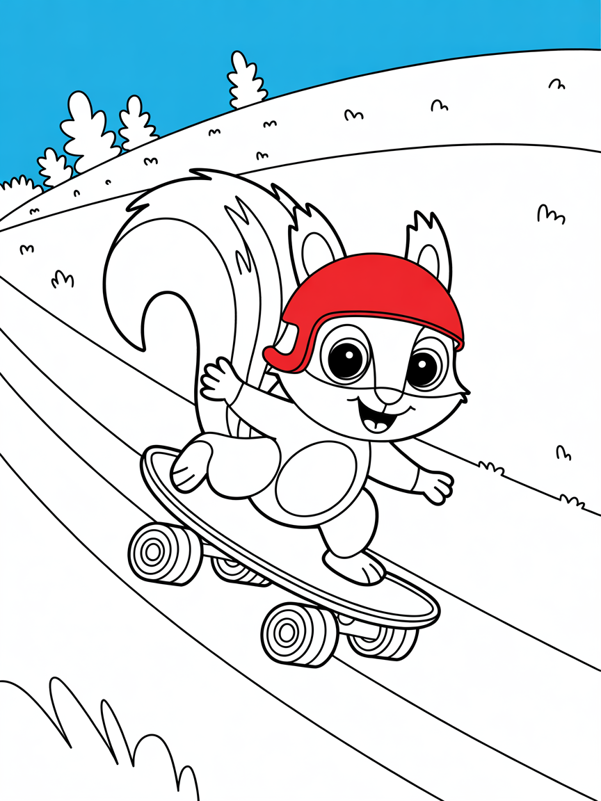 Squirrel riding a skateboard downhill - Free Coloring Page