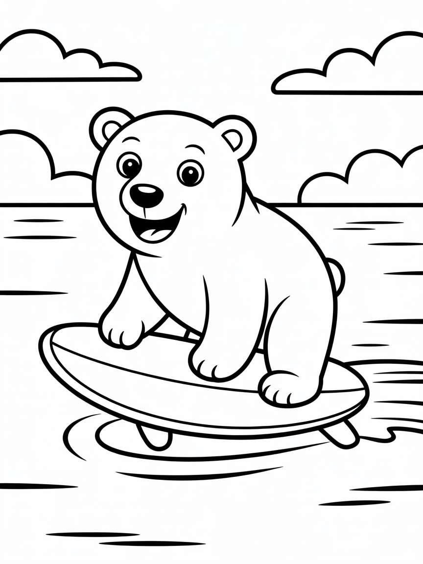Polar bear on a surfboard adventure - Free Coloring Page