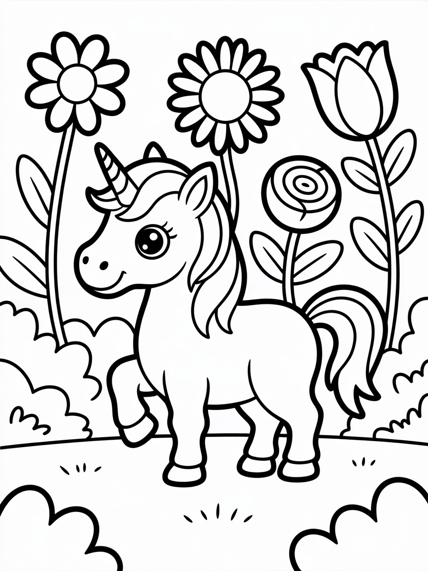 A magical unicorn in a garden - Free Coloring Page