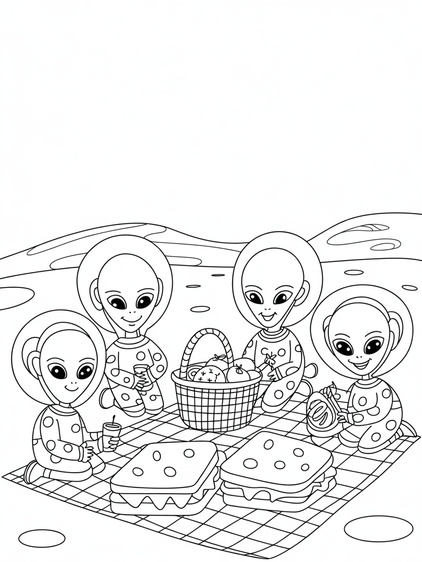 Friendly aliens having a picnic on Mars - Free Coloring Page