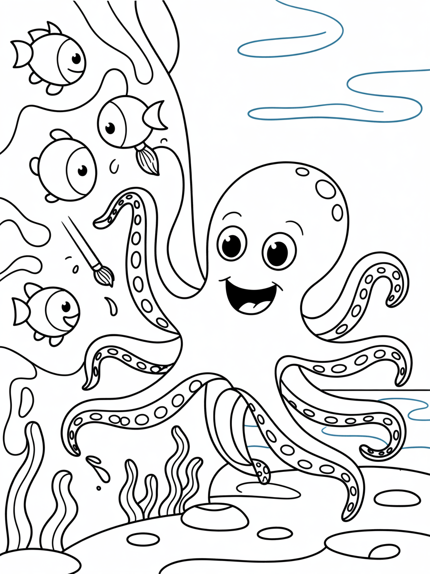 Giant octopus painting a mural - Free Coloring Page
