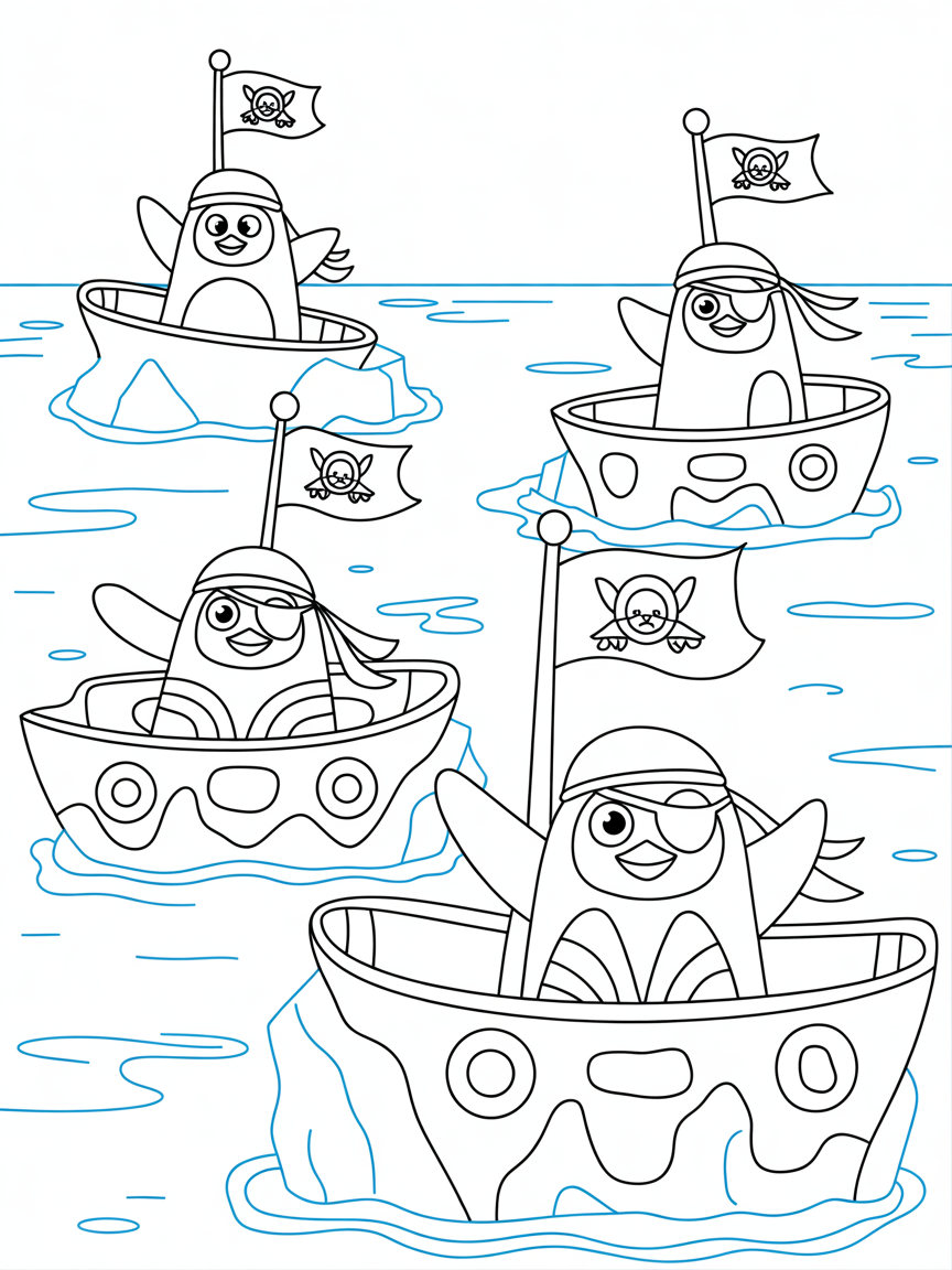 Pirate penguins sailing iceberg ships - Free Coloring Page