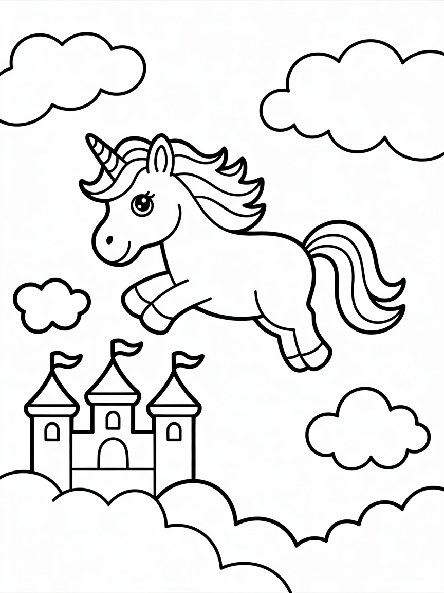 Rainbow-mane unicorn flying over castle - Free Coloring Page