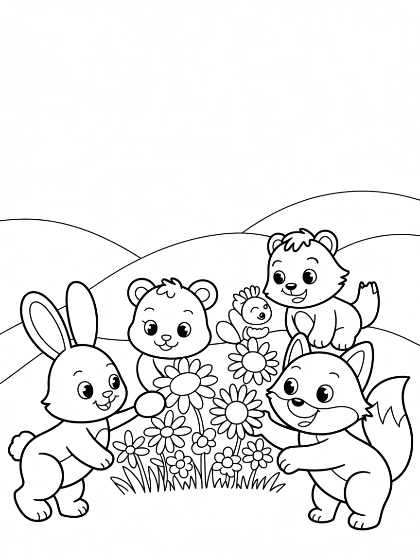 Peace between ever one and nature with flowers blossoming in the sun light with animals - Free Coloring Page