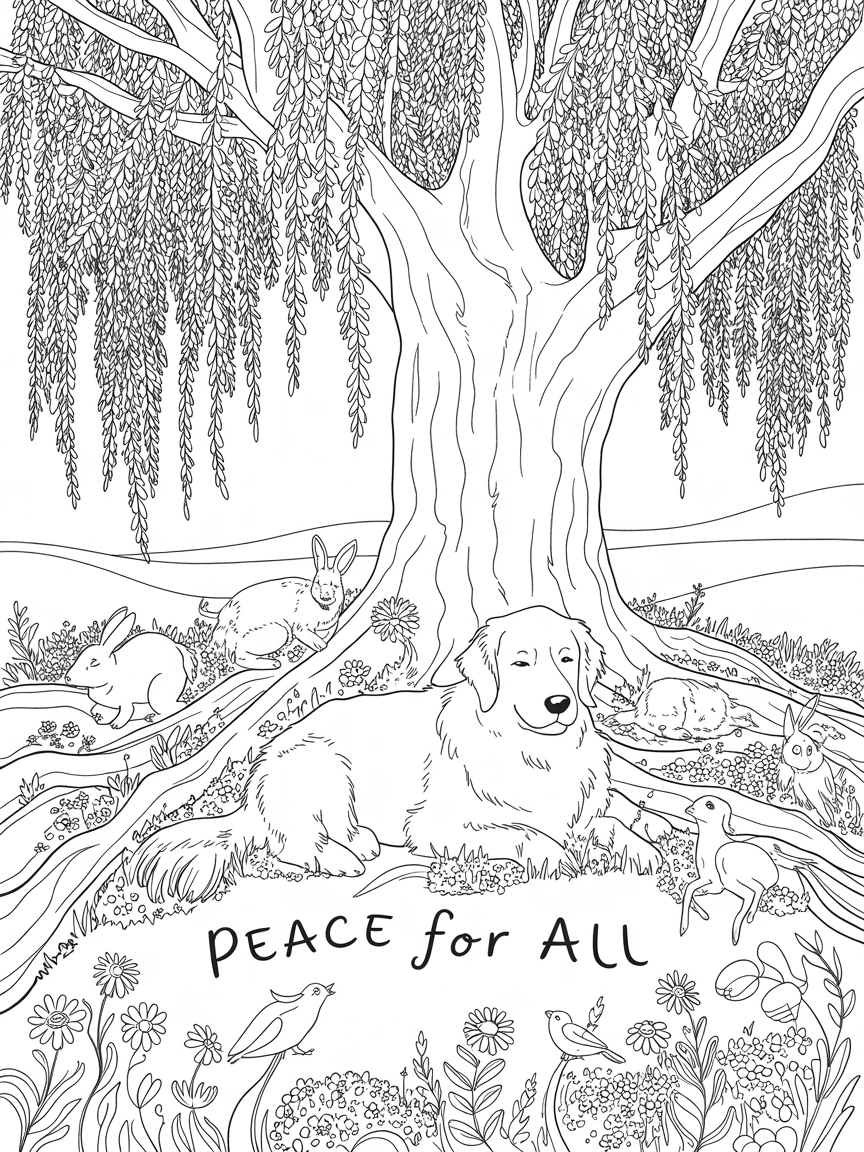Peace for all in the country under a willow tree, a peacefully a dog and there are other animals. Detail - Free Coloring Page