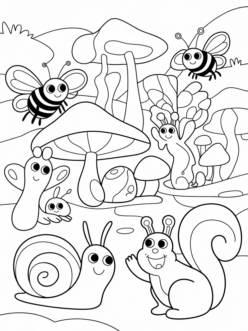 Detailed forest scene that includes loads of weird small creatures - Free Coloring Page