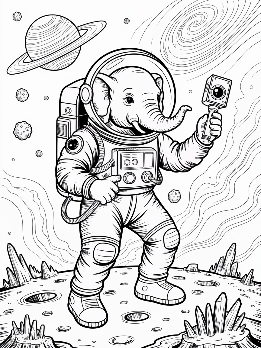 Elephant astronaut exploring colorful planets - Free Coloring Page