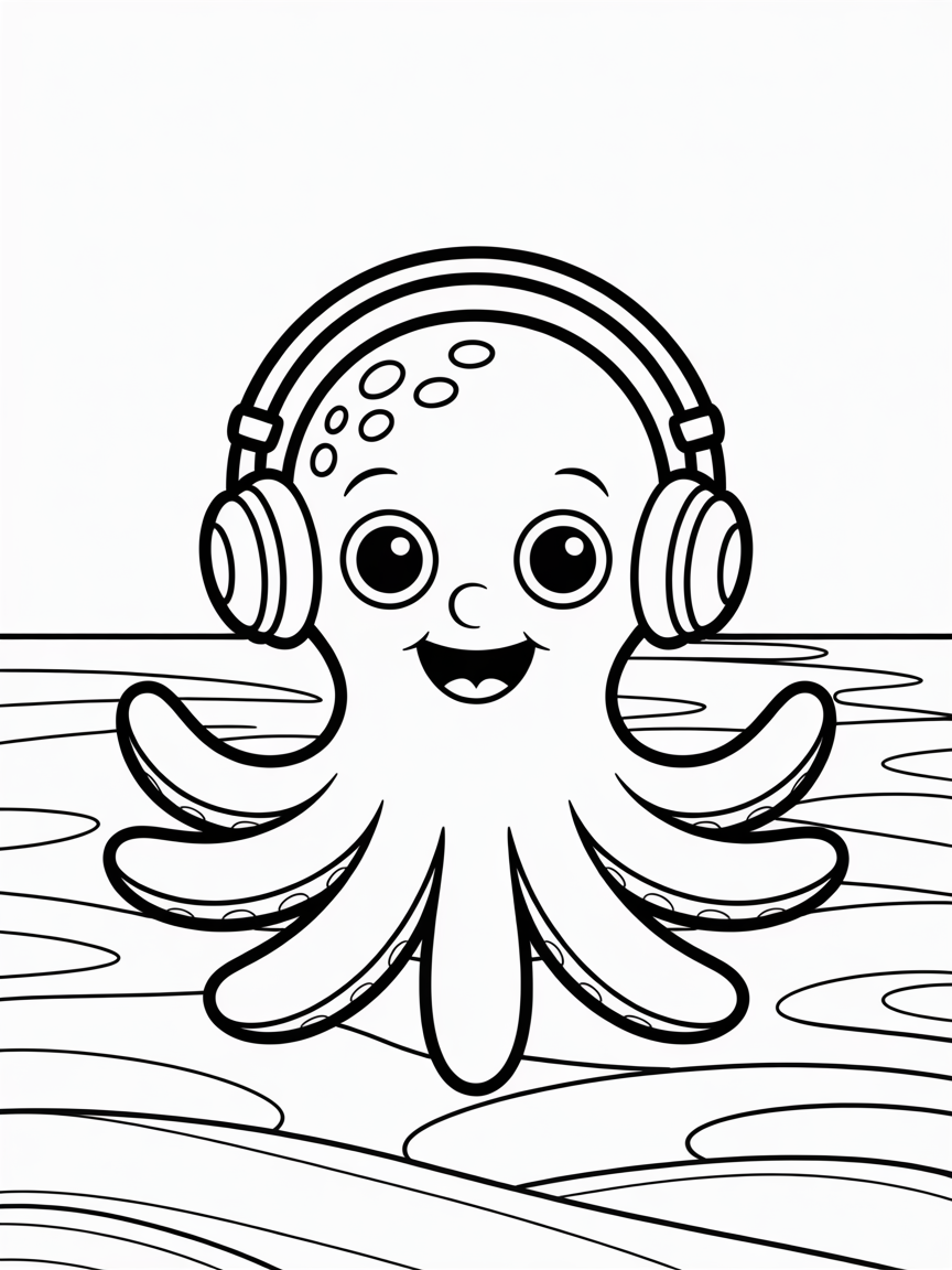 Singing octopus wearing headphones - Free Coloring Page